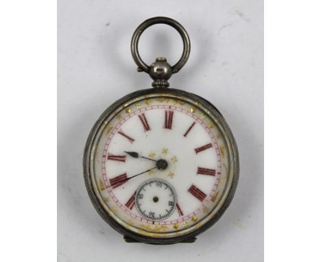 A LATE 19TH CENTURY CONTINENTAL SILVER CASED LADY'S POCKET WATCH, having white enamel dial with red Roman numerals, secondary