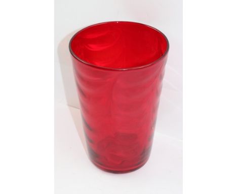 A WHITEFRIARS RUBY RED GLASS VASE of waved rib design c.1930, pattern no.8473 designed by Marriott Powell, 19.5cm high 