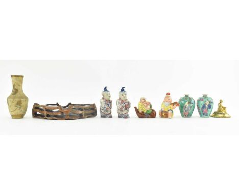 A collection of mostly 20th century Chinese miniature items. The lot comprising a pair of figural snuff bottles with stopper 