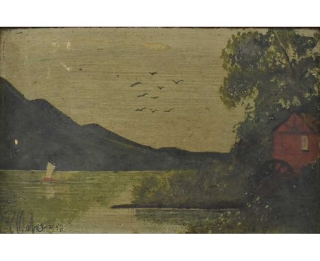 R. Oakes -a 19th century Victorian oil on board naive painting. The painting depicting a lakeside scene, mountains in the bac