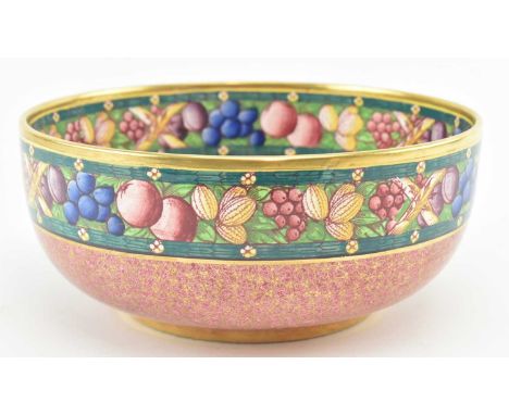 An early 20th century Rotique ceramic fruit bowl by Minton. The bowl with gilt rim, border featuring fruits and foliage, cent