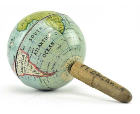 Globes. A mid 20th century circa 1950s miniature pocket sized model globe. The globe with world map in colour enamelled on ti