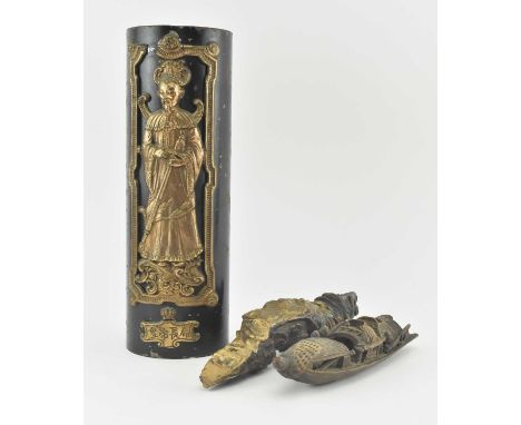 A vintage cast iron Chinese decorative cylinder. The cylinder hollow and with no base, featuring relief gilt metal elder in r