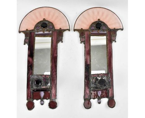 John Leathwood, Hull - An Art Nouveau style pair of stained leaded glass decorative wall sconce mirrors. Each having an arche