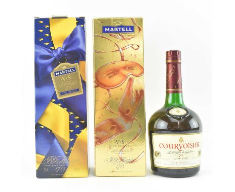 An assortment of three French V.S Fine Cognac bottles. The lot to include two Martell V.S fine cognac bottles in original box