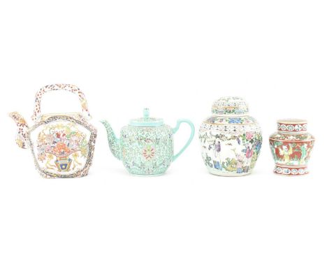 Four pieces of 20th century Chinese ceramic items. The lot comprising a lidded famille verte teapot, an Imari style teapot wi