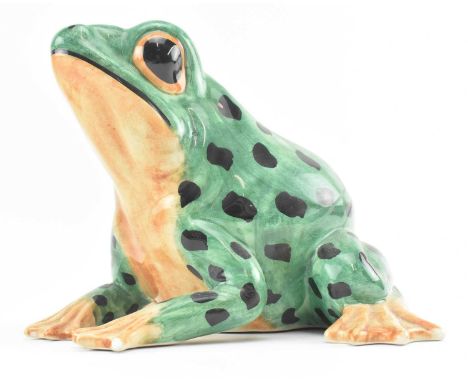 A large decorative vintage Italian majolica ceramic frog. The frog with green ground &amp; orange painted feet, black spotted