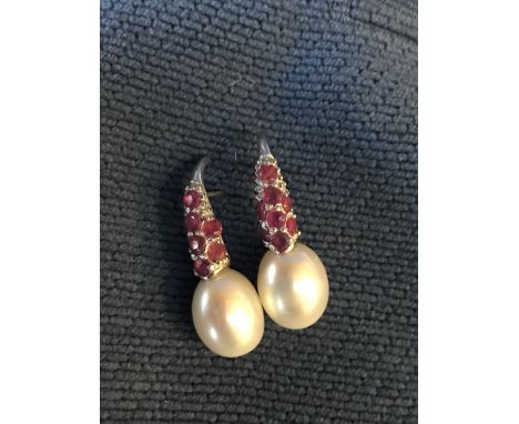 Pair of silver, ruby and freshwater pearl drop earrings