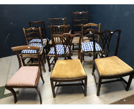 6 various Lancashire spindle back and ladder back rush seated chairs, Regency mahogany dining chair & Pair of Chippendale mah