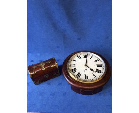 Victorian burr walnut & brass bound tea caddy & Edwardian oak case wall clock