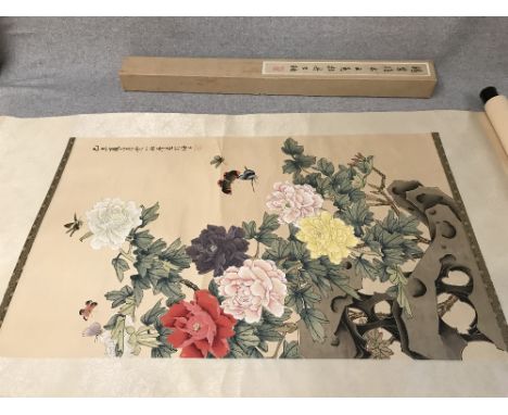 Chinese scroll of floral and butterfly decoration, with character marks, 58Wx160Lcm