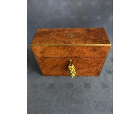 Fine quality Victorian brass bound burr walnut decanter box housing 3 glass decanters, with key