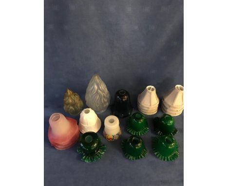 4 green glass lamp shades, 2 pink, 6 others & 8 fabric shades (22)
