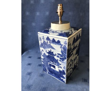 Chinese blue and white square tea jar decorated with lakeland scenes, 33cmH, fitted as a table lamp