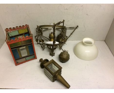 Edwardian multi coloured glass lantern, oil light chandelier & coaching lamp
