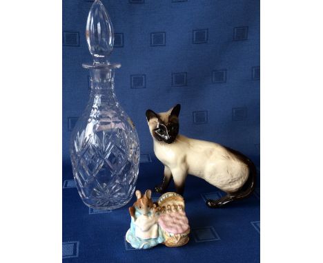 Beswick figure of a Siamese cat, a Beswick Beatrix Potter Hunca Munca figure & a cut glass decanter