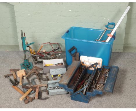 A large quantity of tools including tool box, axes, g clamps, hammers, chisels, socket sets, saws, spanners etc  