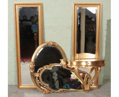 A quantity of gilt framed mirrors together with a giltwood floating shelf.  