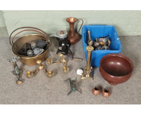 A collection of assorted metal wares to include copper jug, brass pans, light fittings, brass lamp, etc.  