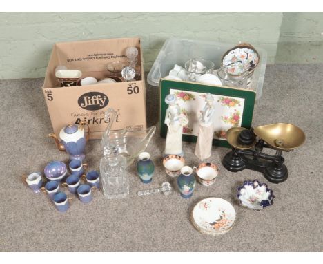 Two boxes of mostly assorted ceramic and glassware to include Gladstone, vintage scales, Colclough, cut glass decanters, etc.
