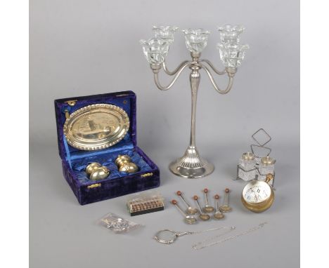 A quantity of collectables, to include Elgin bullseye desk clock, silver plated candelabra, boxed cruet set, 935 folding glas