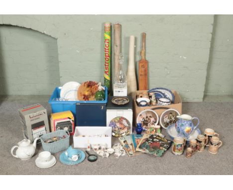 Four boxes of assorted items, to include Hornby control units, Poole Feruccio jug and washbowl, Decorium glass decanter in bo