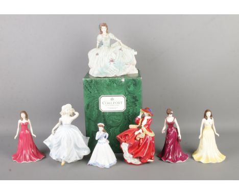 Seven ceramic figurines, produced by Royal Doulton, Royal Worcester and Coalport. To include Gemstones Garnet and Topaz, 'Lad