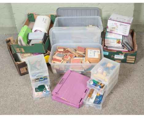 A large quantity of crafting and card making materials including various tools, papers, stamps, Gemini Junior.  