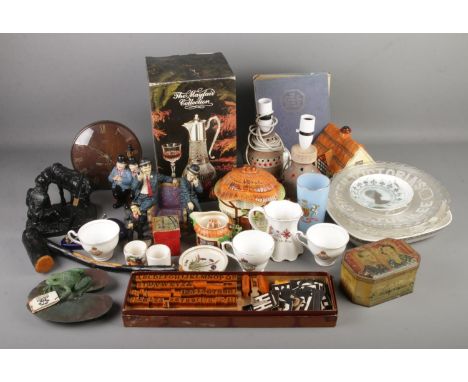 A quantity of mixed collectables including various royal commemorative ware, Triumph sign markers, Mayfair Collection decante
