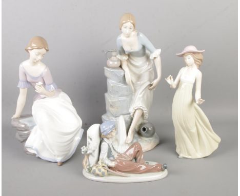 Four ceramic figures and figure groups, produced by Lladro and Nao by Lladro. To include 'Time to Rest' and 'Water Carrier'. 