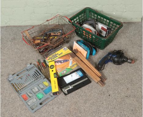 Two baskets of tools including rotary tool kit, drill, sander, drill bits, digital caliper, scissors, chisels, rulers etc  