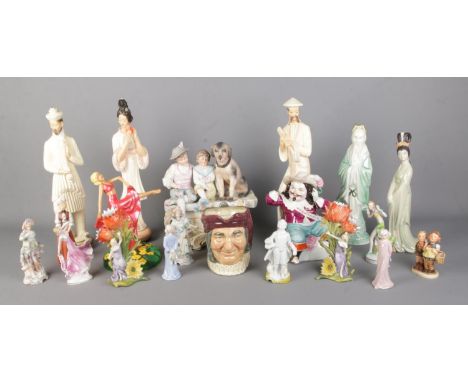 A box of assorted ceramic and resin figures. To include Royal Doulton 'Simon the Cellarer' toby jug, Goebel figure, and SBL e