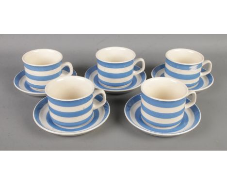 A set of five T.G Green Cornish blue and white striped cups and saucers.  