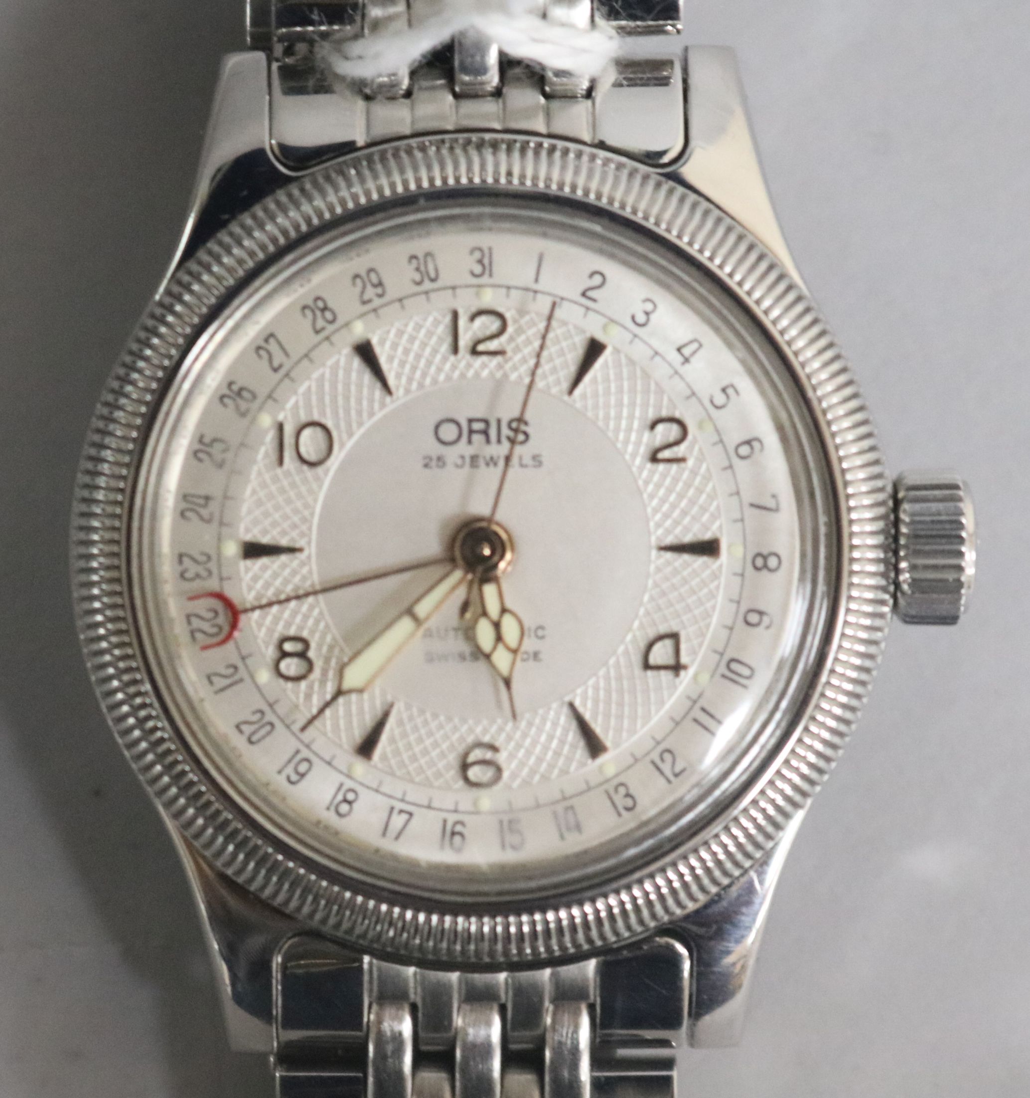 A boxed Oris 25jewel automatic stainless steel wristwatch.