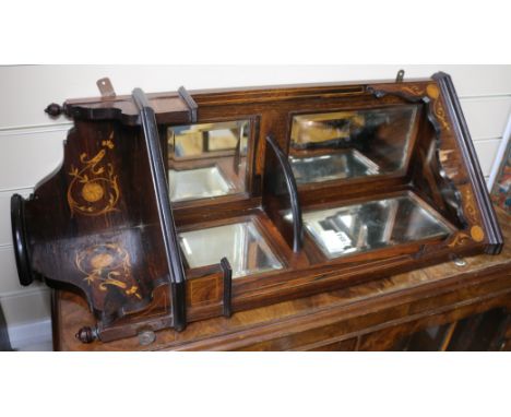 A late Victorian inlaid rosewood corner wall shelf, W.90cm