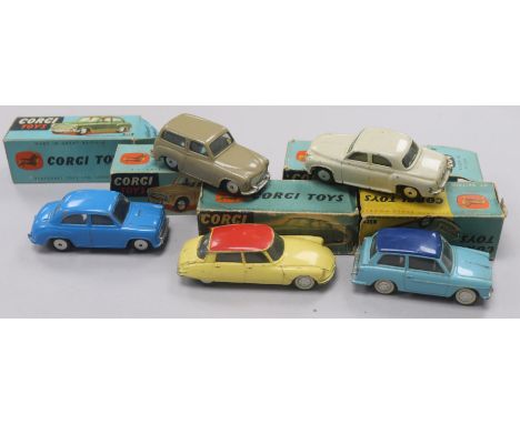 A Corgi Toys Morris Cowley Saloon No. 202 and four other boxed Corgi cars, including Rover 90 Saloon No. 204, Hillman Husky N