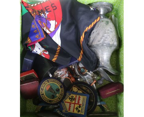 A quantity of miscellaneous items including silver, costume jewellery, medallions, Hermes scarf etc