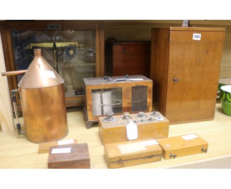 A copper cased barograph, a collection of weights, a balance scale, a Viscometer, a microscope. etc