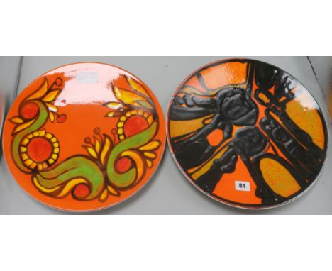Two large Poole pottery orange ground dishes, no.5