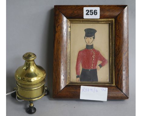 An early 19th century brass spice grinder and a naieve watercolour of a soldier