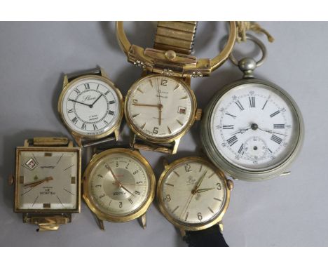 A lady's stylish gold plated and paste set Dreffa bangle watch, six other assorted wrist watches and a pocket watch.