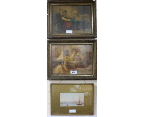 A pair of oileographs of monkeys playing cards with dogs 24 x 32cm. and a print of Venice
