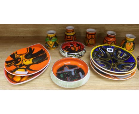 Five assorted Poole pottery dishes including, no 3 and 91, two bowls and five assorted Poole small vases