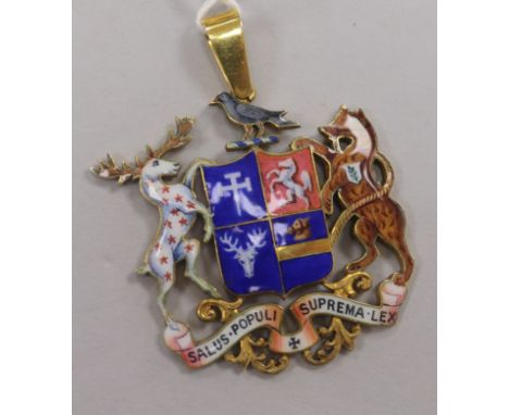 An early 1930's 9ct gold and enamel "Mayor of Lewisham" pendant, overall 53mm.