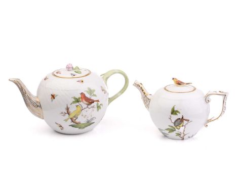 A Large Herend 'Rothschild Birds' globular teapot, with birds, butterflies and flies, floral finial, 17 cm high, and another 