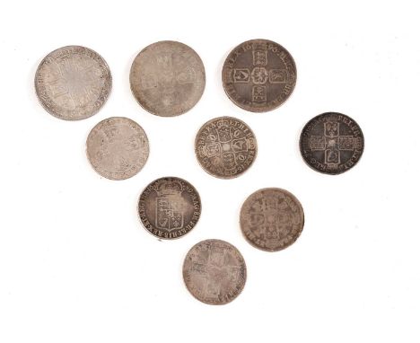 UK milled silver coins comprising Charles II crown, 1662 no rose beneath bust, interlinked C's in angles, 2 x Charles II half