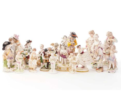 A Derby porcelain figure of a lady playing a lute, incised number 9, 17 cm high, a pair of similar figures holding a lamb and