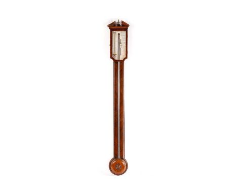 Peorolia of Norwich(?); a mahogany cased stick barometer, thermometer with brushed steel register plate, parquetry line inlay