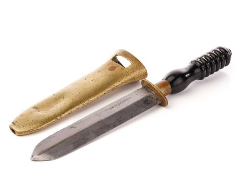 A Siebe Gorman divers knife (fifth style) with straight through tang and annular turned ebonite(?) handle, and a double-edged