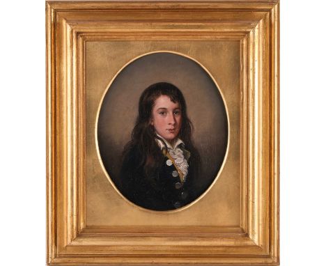 Early 19th century British School, an oval portrait of a young figure with long dark hair wearing a blue coat and yellow wais